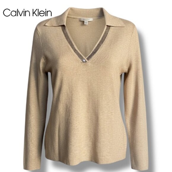 Calvin Klein NWT Women's Tan V-Neck Polo Sweater Sequin Trim Collared | Size S - Picture 1 of 11